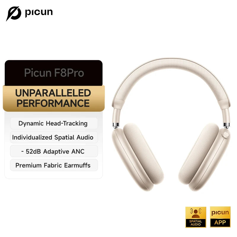 Picun F8 Pro ANC Wireless Headphones Head Tracking 3D Spatial Audio -52dB ANC HIFI Bluetooth Headset ENC HD Mic Low-Latency APP