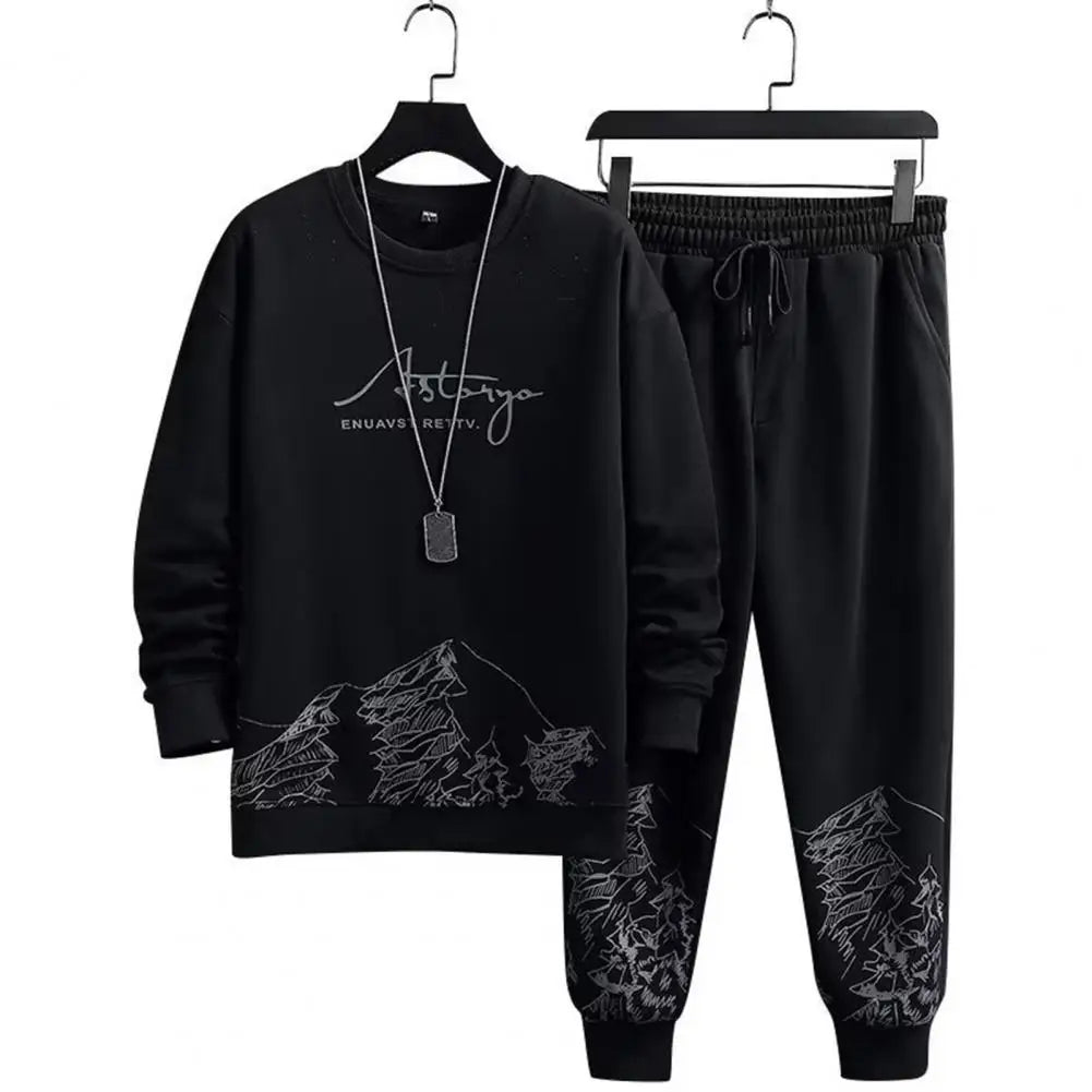 Comfortable Men Track Suit Men's Mountain Print Tracksuit Set with O-neck Sweatshirt Drawstring Jogger Pants for Autumn Winter