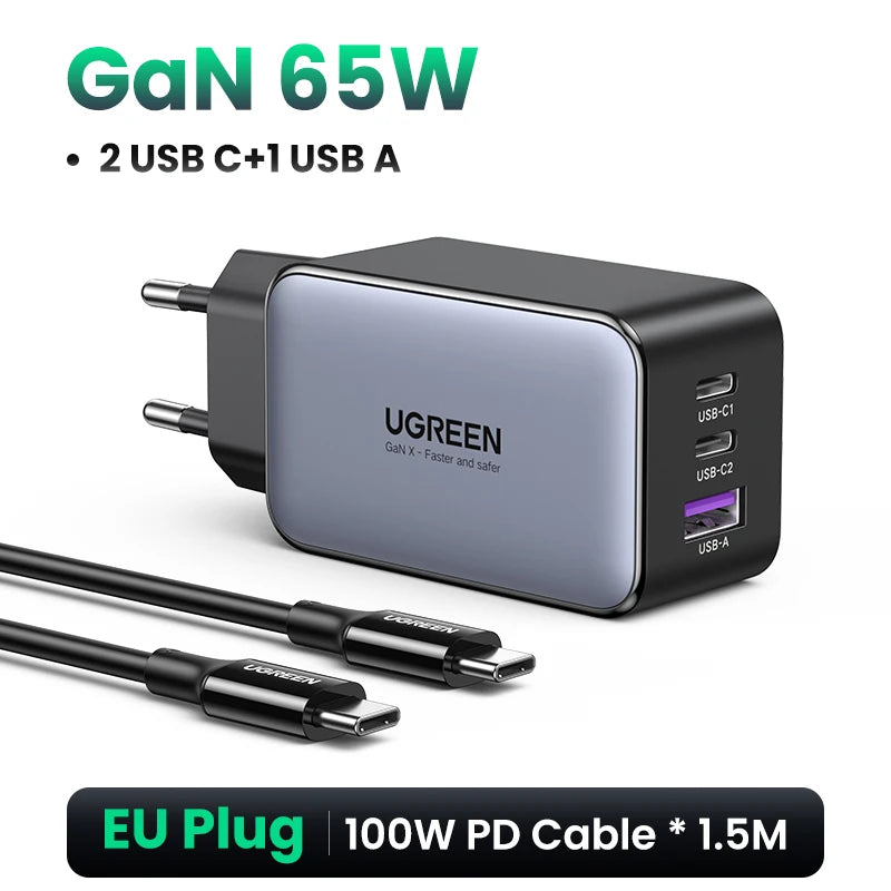 شاحن UGREEN GaN بقوة 65 وات بتقنية الشحن السريع 4.0 3.0 USB C لأجهزة iPhone 16 15 14 Pro Max والكمبيوتر المحمول وMacbook Air والكمبيوتر اللوحي وشاحن PD السريع