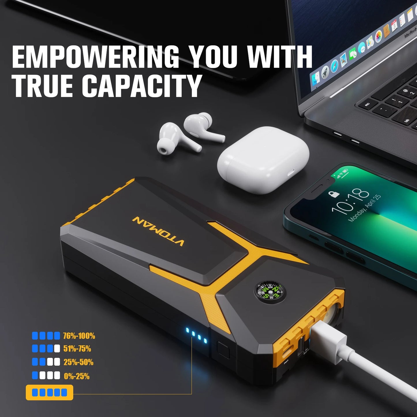 جهاز بدء تشغيل السيارة VTOMAN V6 Pro Power Bank 2000A شاحن بطارية السيارة جهاز تعزيز الطوارئ التلقائي جهاز بدء التشغيل