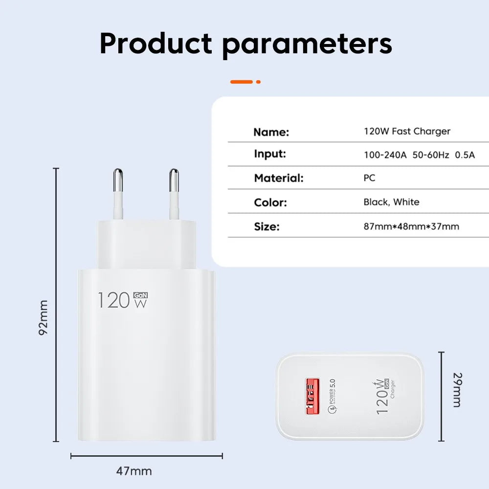 شاحن سريع 120 وات USB، كابل شحن سريع 3.0 USB C، كابل شحن من النوع C، محول شاحن الهاتف لهاتف iPhone 14 وXiaomi وSamsung وHuawei