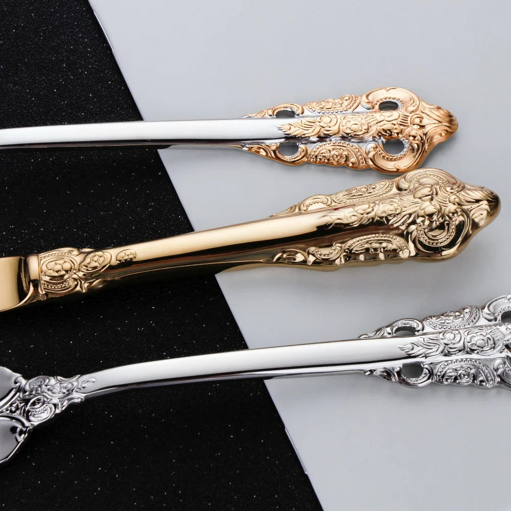 Gorgeous Gold-Plated Cutlery Set 5/10/15/20/25/30 PCS Luxury Stainless Steel Flatware Set Baroque Hollow Handle Dinner Knife