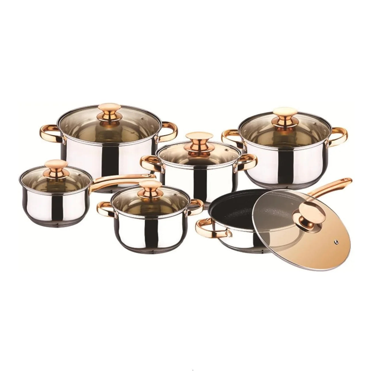 12PCS Stainless Steel Cookware Set,Thickened Multi-Layer Pots Pans Setve Tempered Glass Lids,Fast Heating,Easy to Clean,Kitchen