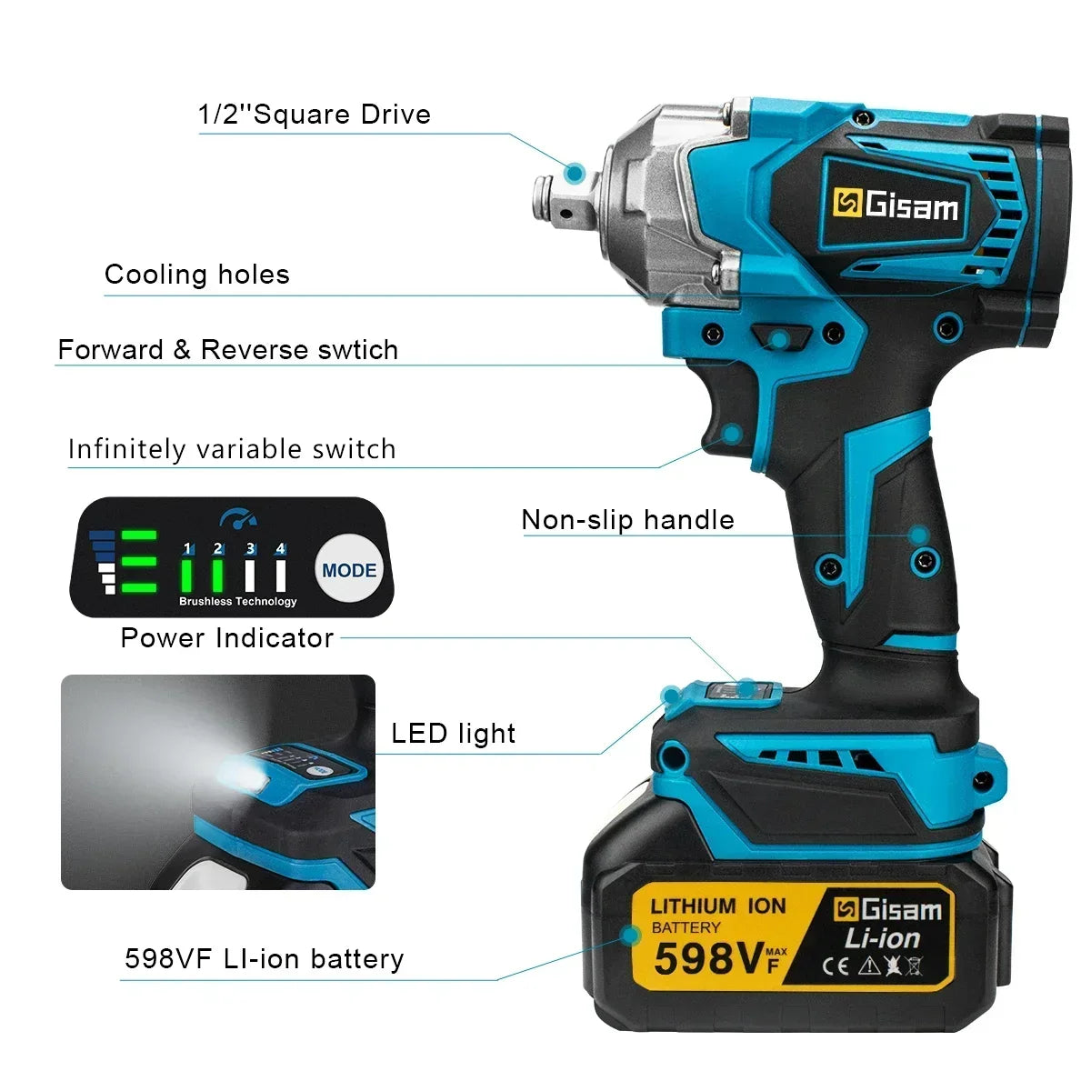 Gisam 1200NM Brushless Electric Impact Wrench 1/2 inch High Torque Cordless Electric Wrench Power Tools For Makita 18V Battery