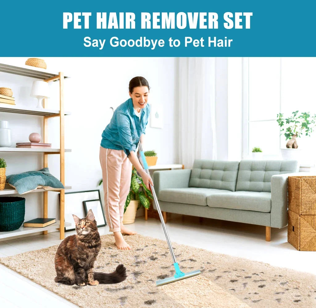 Pet Hair Remover Set Carpet Rake for Pet Hair Removal Adjustable Long Handle Cat Dog Hair Broom Reusable Fur Lint Remover Knife