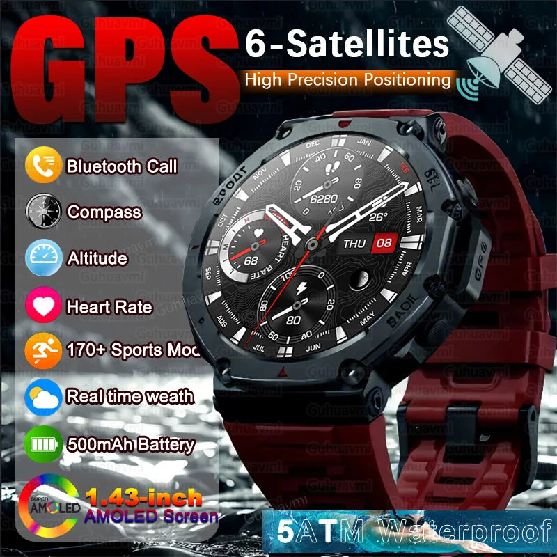 2025 NEW GPS Smart Watch For Men 5ATM IP69K Waterproof Smartwatch Compass Altimeter Barometric 1.43'' AMOLED Screen Mens Watches