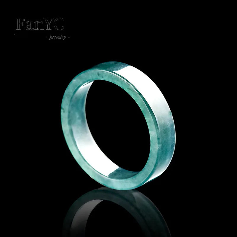 Myanmar A-goods Jadeite Blue Water Ring Hand-carved Simple Fashion Glutinous Ice Jade Ring Men and Women Holiday Gift