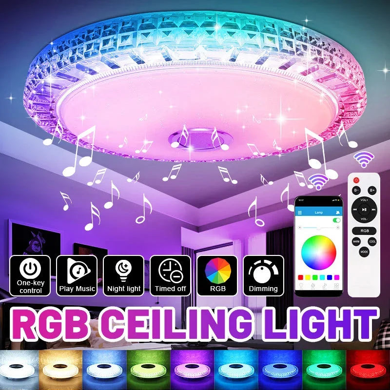 مصباح ذكي 300 واط لإضاءة السقف RGB LED مع خاصية التحكم عن بعد ومكبر صوت بلوتوث وإضاءة محيطية للمنزل وغرفة النوم وغرفة المعيشة