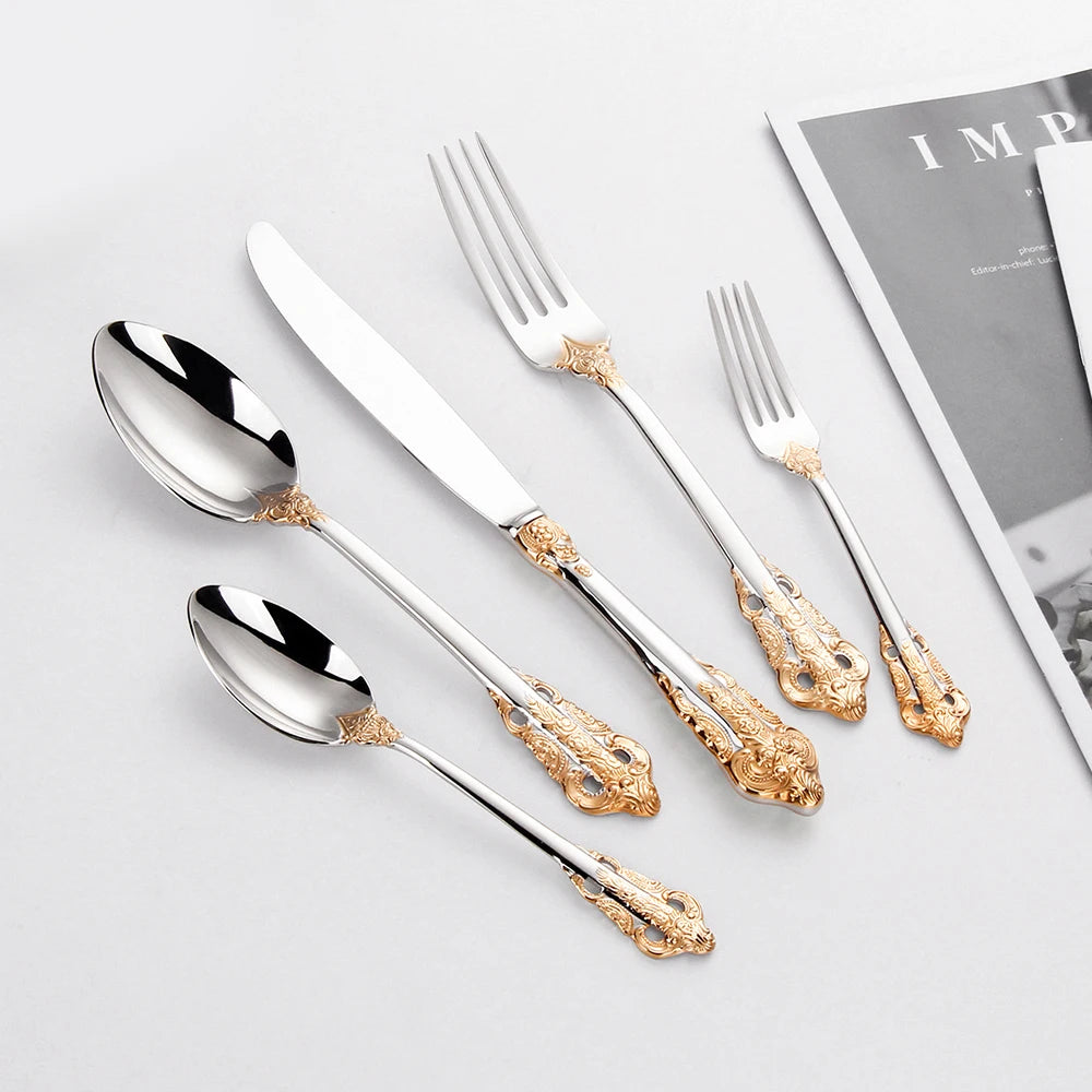 Gorgeous Gold-Plated Cutlery Set 5/10/15/20/25/30 PCS Luxury Stainless Steel Flatware Set Baroque Hollow Handle Dinner Knife