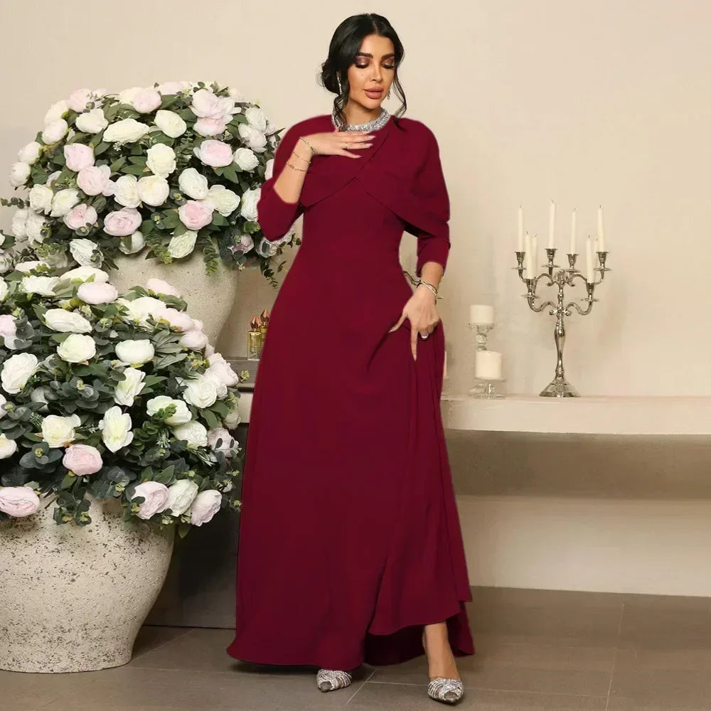 Muslim Shawl Collar Dress Women Long Robe Peals Sequins Round Neck Zip Gown Party Dresses A-Line Abaya Islam Fashion Pure Skirt