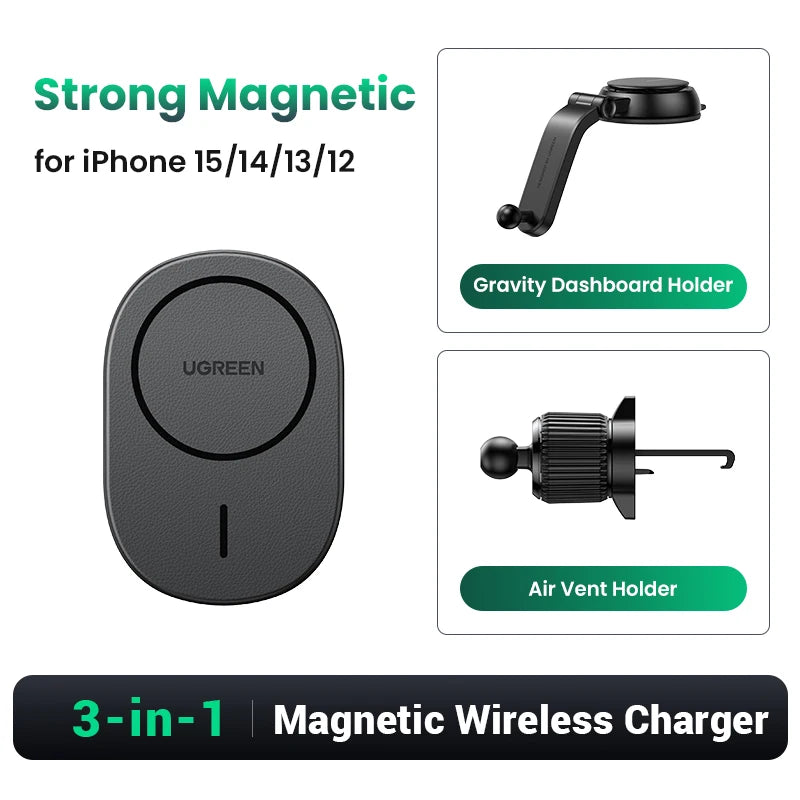 UGREEN Magnetic Car Phone Holder Stand Wireless Charger For iPhone 16 15 14 13 12 Pro Max Charging for Magsafe Car Charger 7.5W