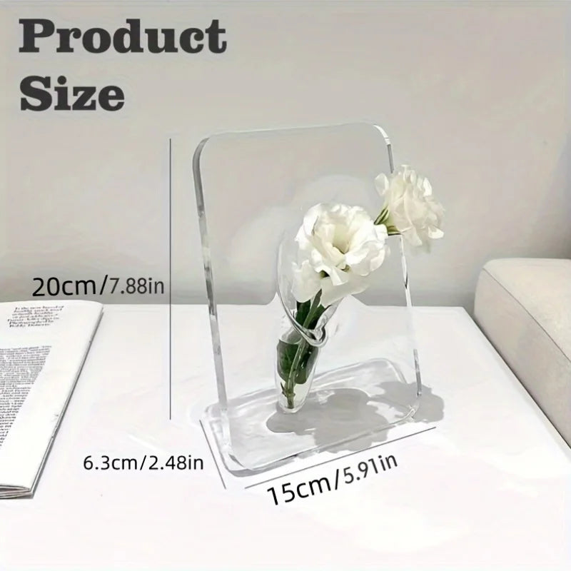 Acrylic Transparent Picture Frame Vase - Waterproof Modern Art Centerpiece, Unique Decorative Room Desk Vase for Living Room, Be