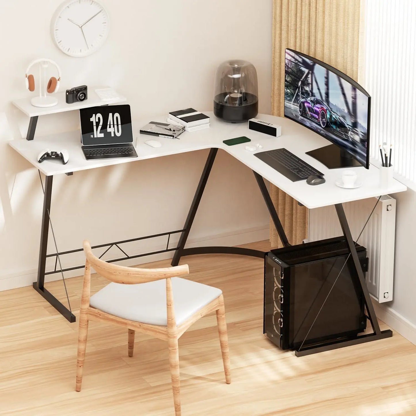 L Shaped Desk，Gaming Desk Large Monitor Stand Corner Study Writing Workstation White 129 * 129 * 74 cm