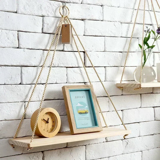 Wooden Rope Swing Wall Hanging Plant Flower Pot Tray Mounted Floating Wall Shelves Nordic Home Decoration Mored Simple Design