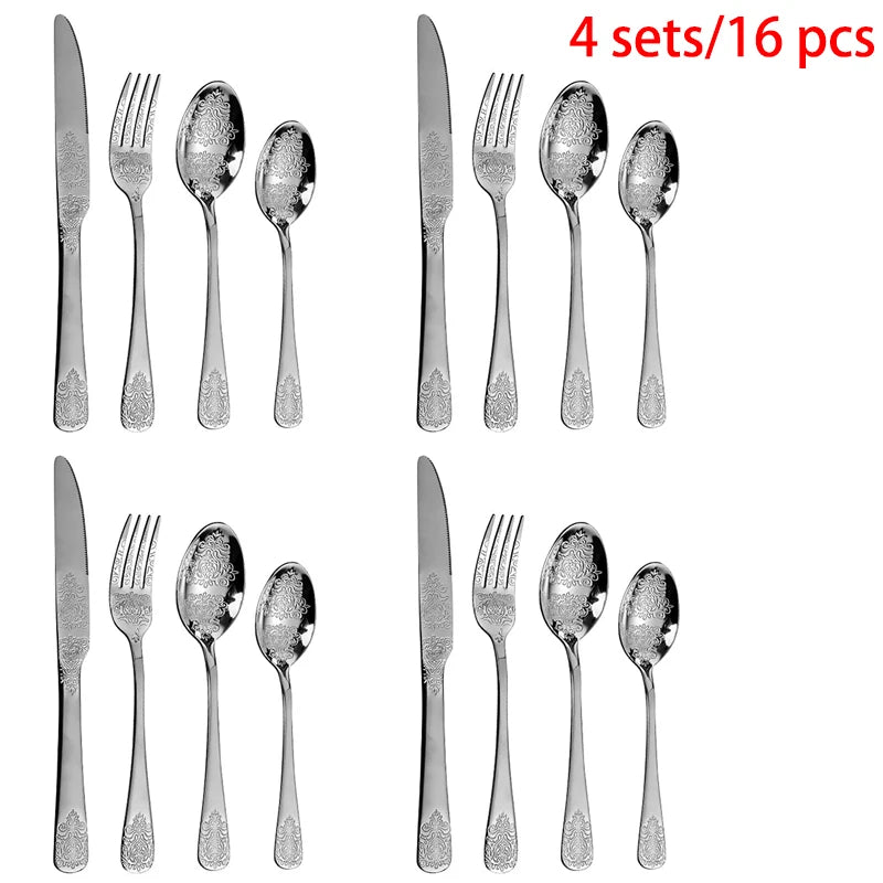 1/2/4/8/24 Pcs Gold Luxury Cutlery Sets Fork Spoon Knife Silverware Kit Vintage Carved Tableware Set European Dinnerware