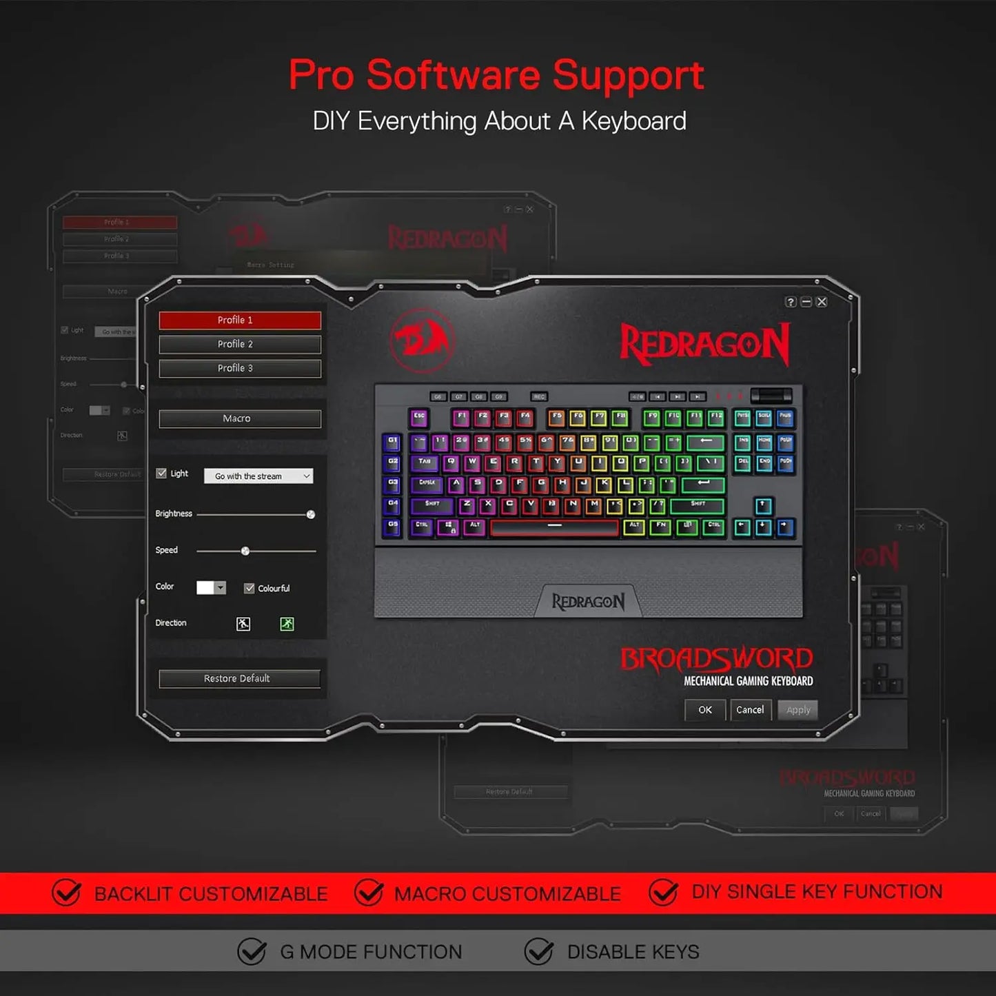 Redragon K596 Wired RGB Mechanical Gaming Keyboard, 87 Keys TKL Compact Keyboard Wrist Rest, Red Switches