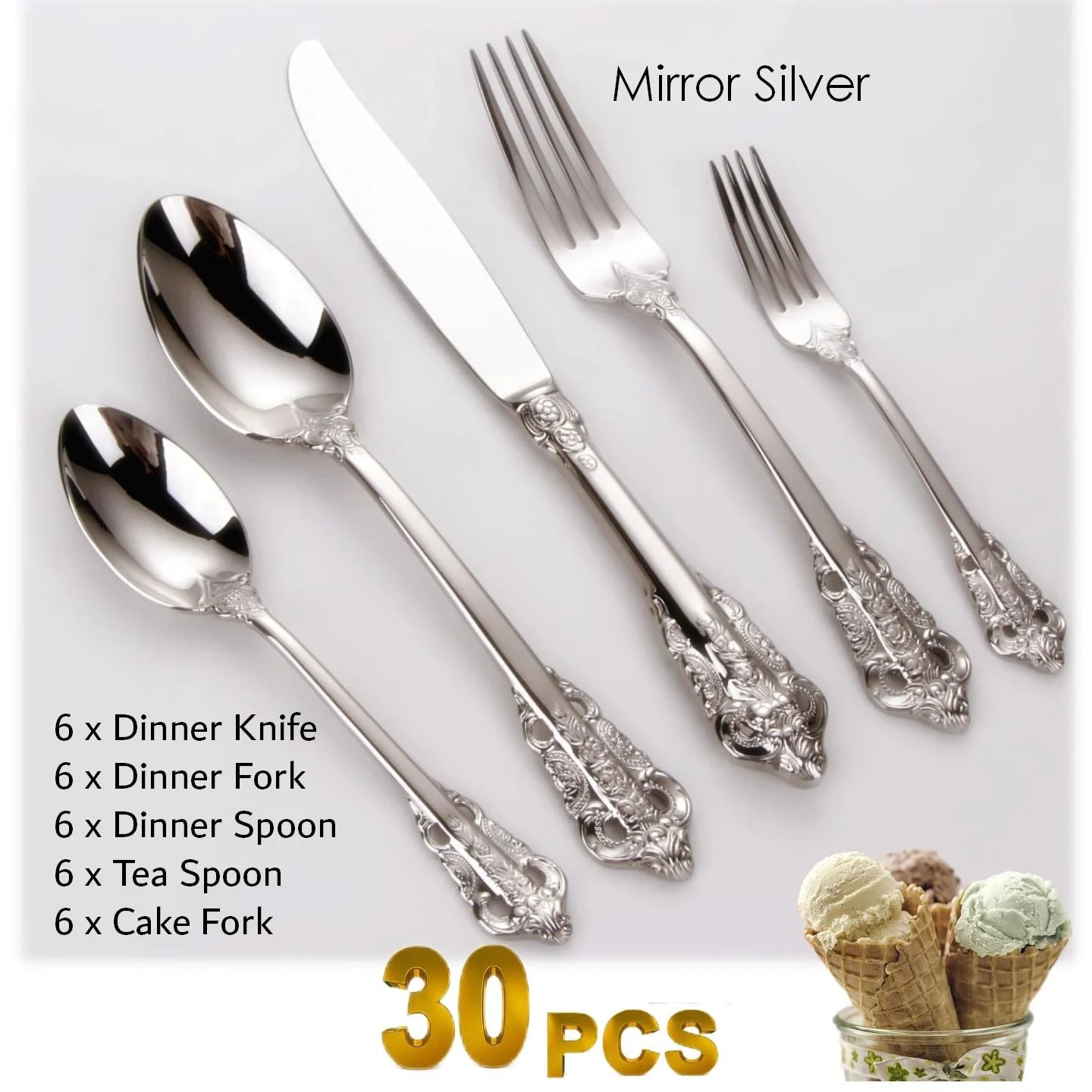 Gorgeous Gold-Plated Cutlery Set 5/10/15/20/25/30 PCS Luxury Stainless Steel Flatware Set Baroque Hollow Handle Dinner Knife