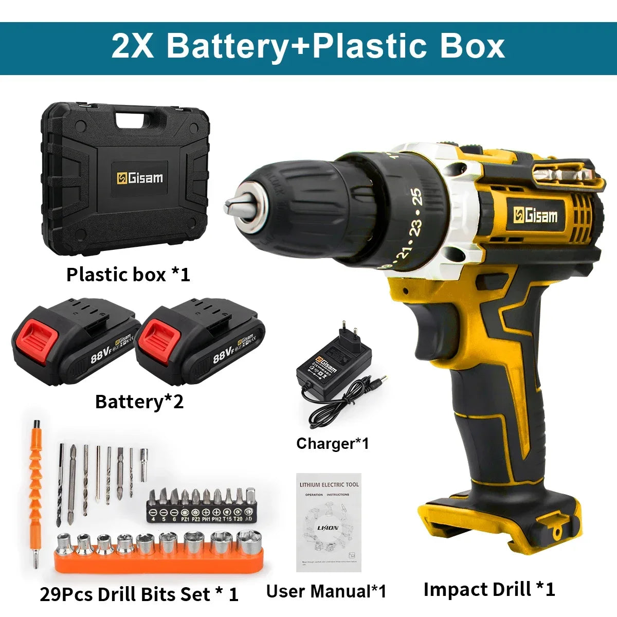 Gisam Battery Impact Screwdriver Multifunctional Cordless Drill Power Tool 25+3 Torque Setting 2 Gear Speed Electric Screwdriver