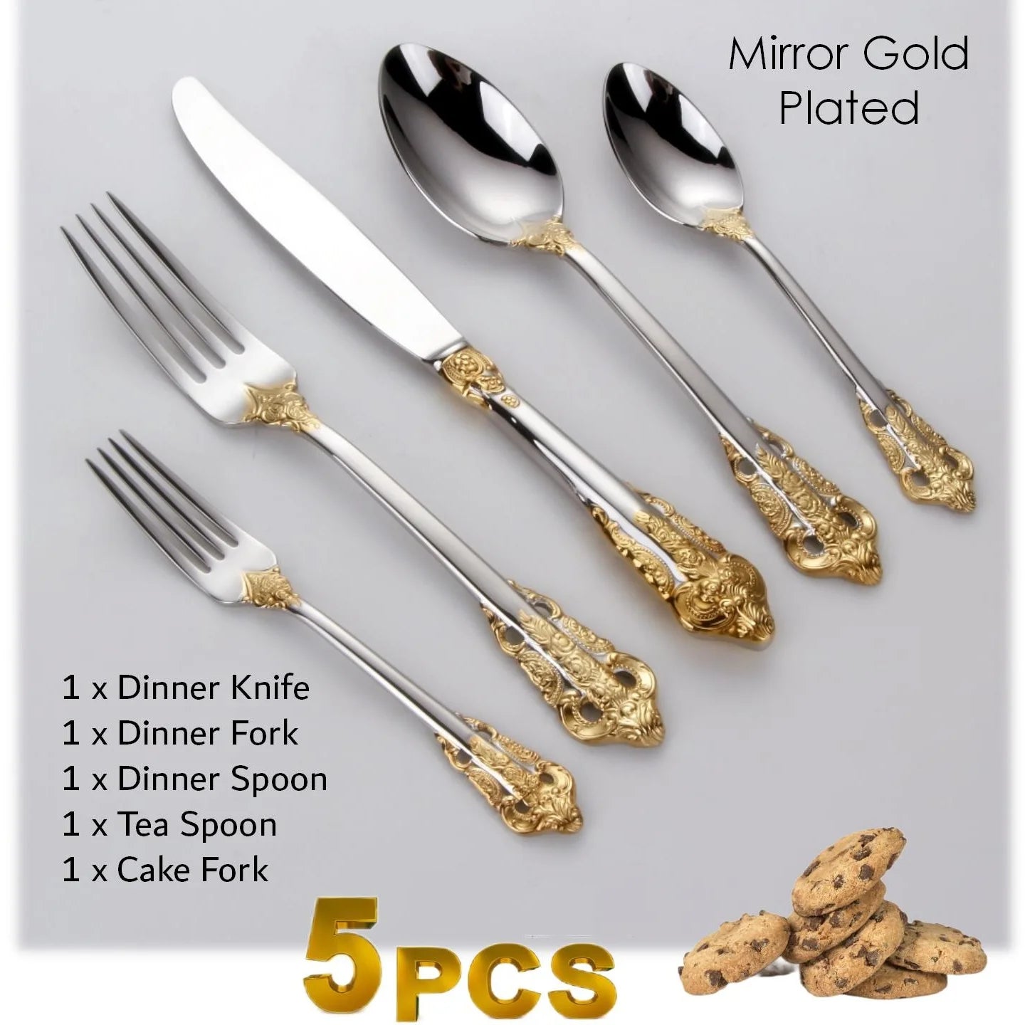 Gorgeous Gold-Plated Cutlery Set 5/10/15/20/25/30 PCS Luxury Stainless Steel Flatware Set Baroque Hollow Handle Dinner Knife