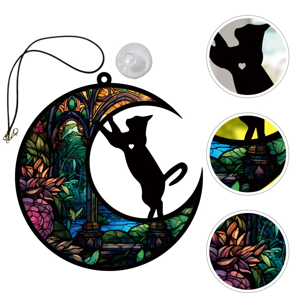 Cat Wall Hanging Acrylic Window Decor Moon Ornament Sculpture Crafts Pendant Decoration