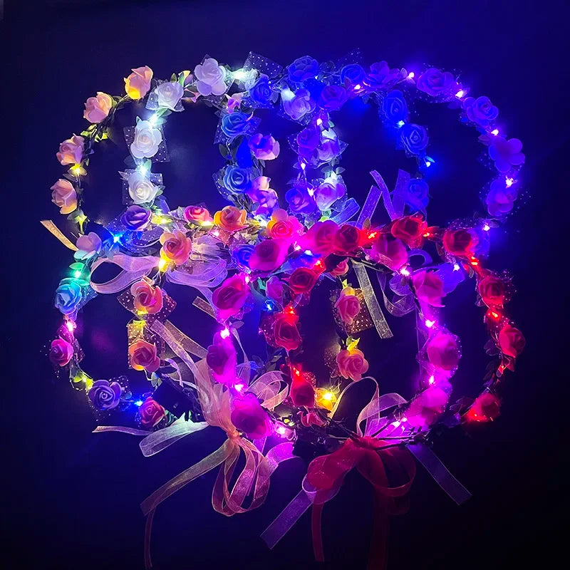 Luminous LED Rose Wreath with Ribbon Artificial Flower Crown Fashion Lighting Girls Women Hairband Birthday Wedding Decoration