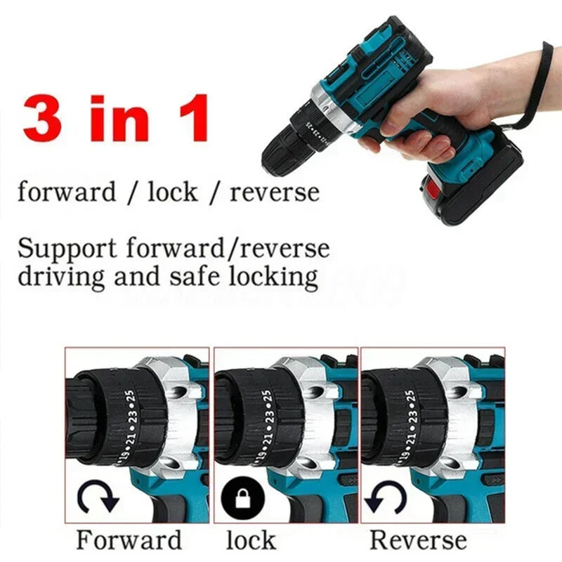 Gisam Battery Impact Screwdriver Multifunctional Cordless Drill Power Tool 25+3 Torque Setting 2 Gear Speed Electric Screwdriver