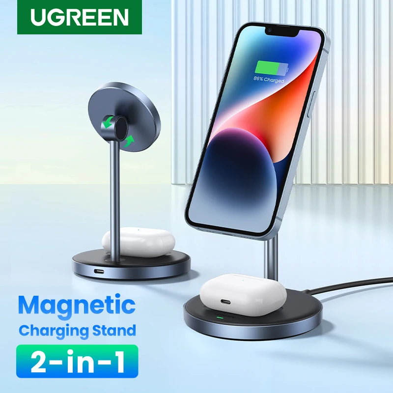 حامل شاحن لاسلكي مغناطيسي من UGREEN بقوة 20 وات بحد أقصى 2 في 1 لشحن iPhone 15 16 Pro Max/iPhone 14/AirPods بسرعة