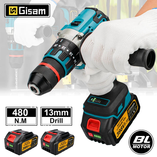 Giasm 13mm 480N.M Brushless Electric Impact Drill Cordless Cordless Drill Electric Screwdriver Power Tool for Makita 18V Battery