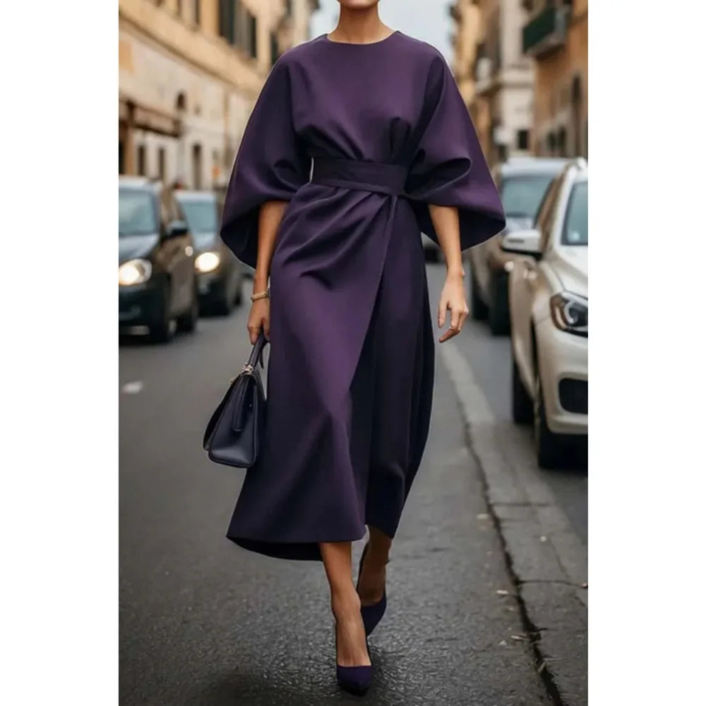 Spring Autumn Fashion OL Dress Women Elegant Solid Round Neck Flared Sleeves High Waist Straight Tube Long Dress Women 2025 New