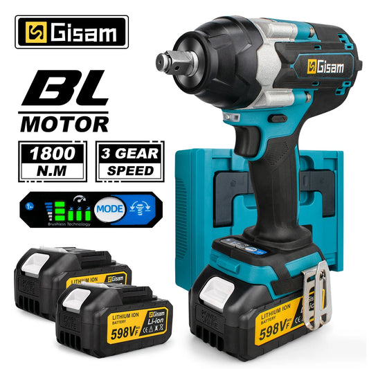 Gisam 1800N.M Torque Brushless Electric Impact Wrench 1/2 inch  Cordless Wrench Screwdriver Power Tools For Makita 18V Battery