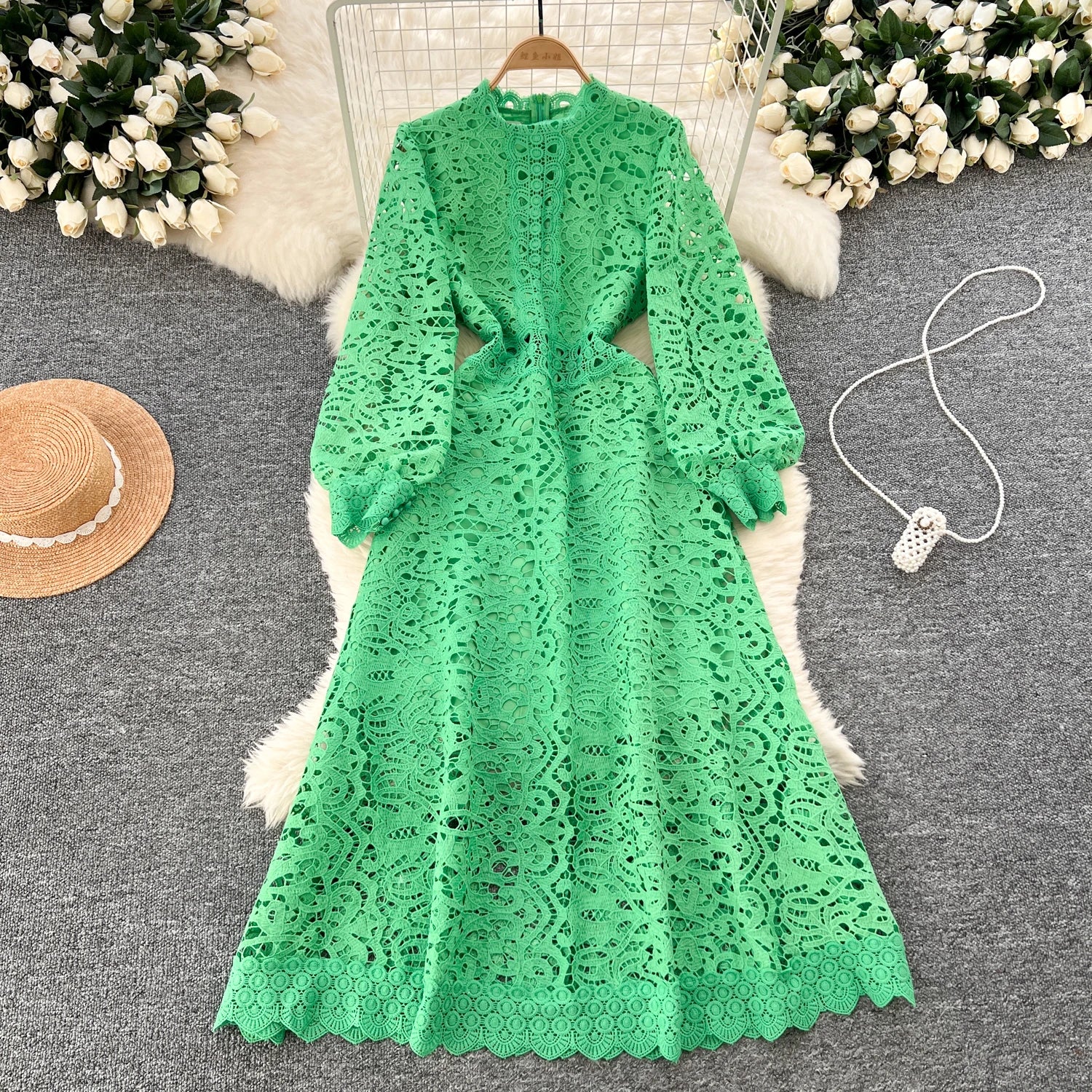 Elegant Long Lantern Sleeves Vintage O-neck Chic Hollow Out Hook Flower Slim Dresses Fashion Evening High Street Autumn Clothing