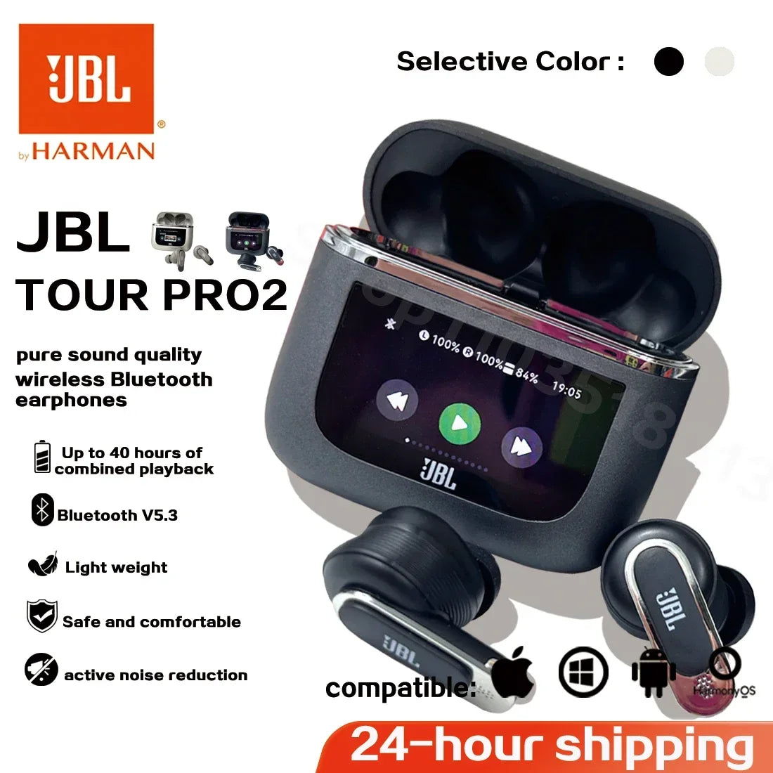 سماعات أذن رياضية ستيريو JBL Tour PRO 2 الأصلية اللاسلكية بتقنية البلوتوث مع شاشة LCD ذكية إصدار هونج كونج