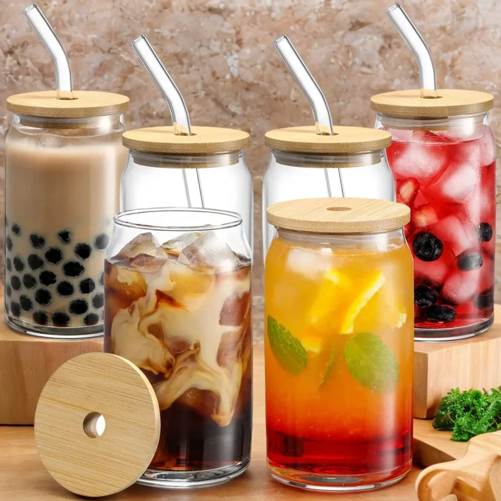 Transparent 500ml Glass Cup with Lid and Straw for Bubble Tea, Juice, Beer, Milk, Mocha - Breakfast Mug Drinkware Can Flask Nana