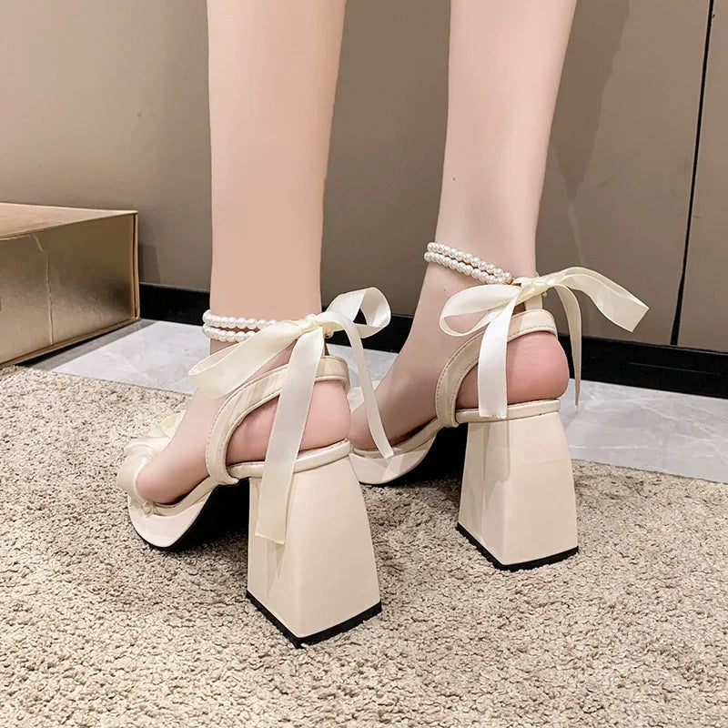 Sandalias for 2024 New Fashion Pearl Sandals Comfortable Shoes Women Female Block Heel Arrival Chunky Sexy Hight Heels