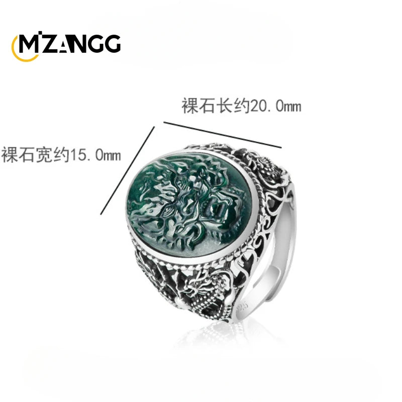 S925 Silver Inlaid with Natural JadeiteDragon Head Ring Exquisite Fashion Adjustable Ink Jadeite Vintage Finger Ring Men's Gifts