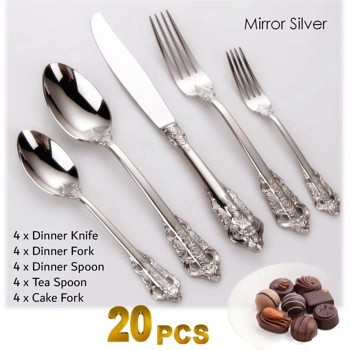 Gorgeous Gold-Plated Cutlery Set 5/10/15/20/25/30 PCS Luxury Stainless Steel Flatware Set Baroque Hollow Handle Dinner Knife