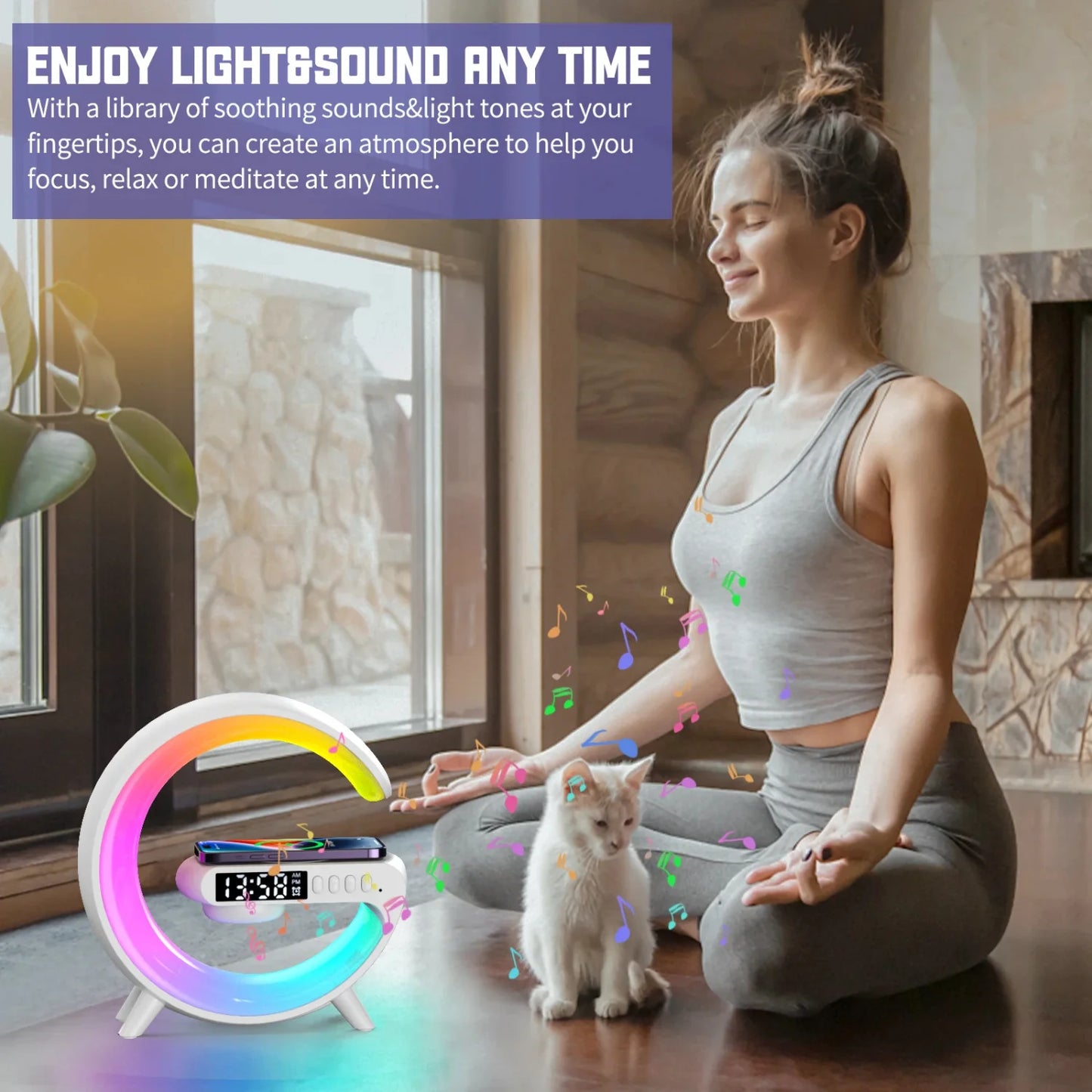 Smart Wireless BT Speakers With Wireless Fast Charging, RGB Light, Sunrise Alarm Clock & Wake Up Light - Perfect For Bedrooms!