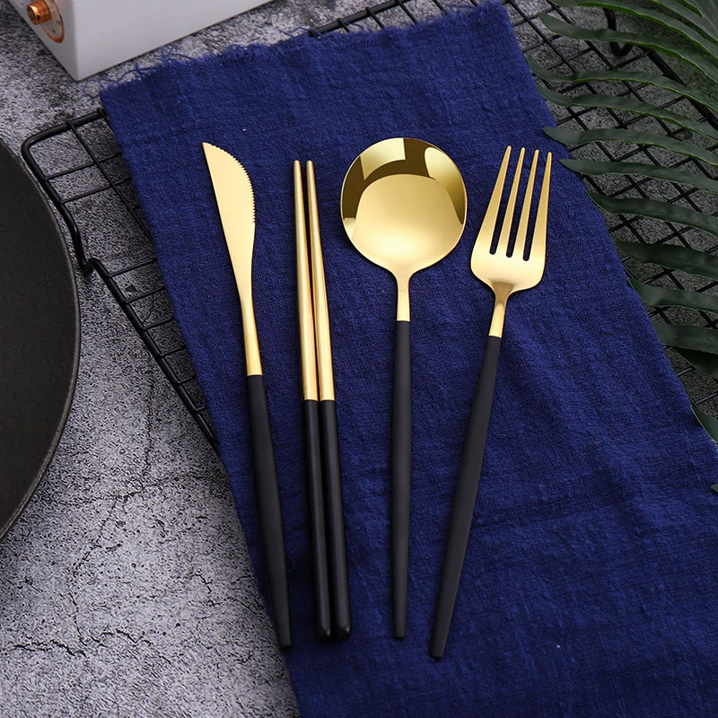 12-16 Pcs Black Gold Cutlery Set Chopsticks Knife Fork Spoon Golden Stainless Steel Korean Dinnerware Set Luxury Tableware Set