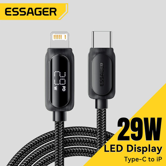 كابل Essager USB C لهاتف iPhone 14 13 12 11 Pro Max Xs سلك عرض رقمي PD 29W شحن سريع من النوع C إلى كابل بيانات الإضاءة