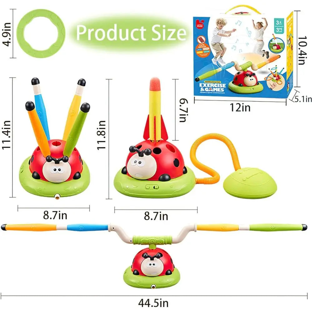 Ladybug Exercise Machine Toy For Children Parent-child Interactive,3 in 1 Musical Skipping Rope, Rocket Launcher,Toss Ring Game