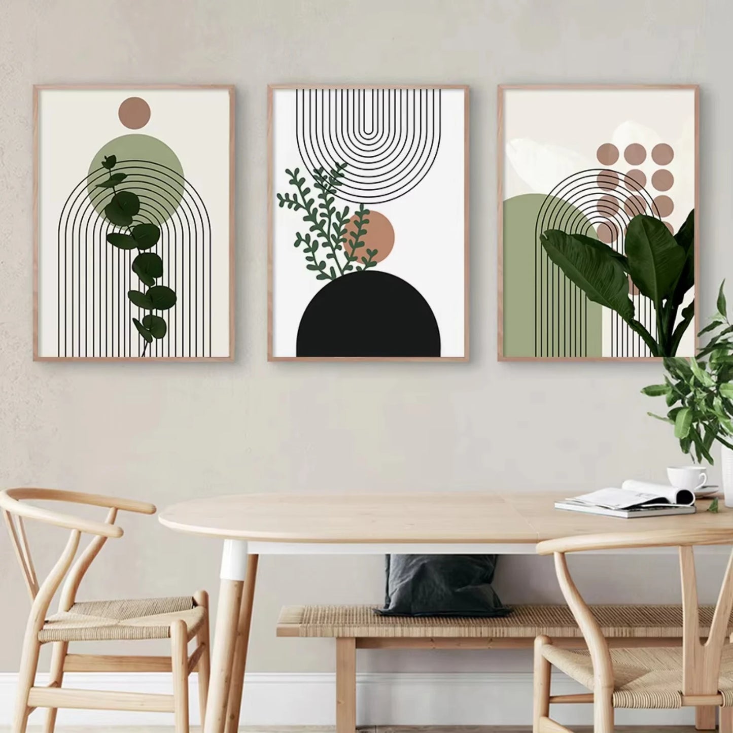 3pcs Modern Abstract Green Plants Leaf Sun Lines Wall  Art Canvas Painting Posters Prints Pictures Living Room Decor Gifts Stich