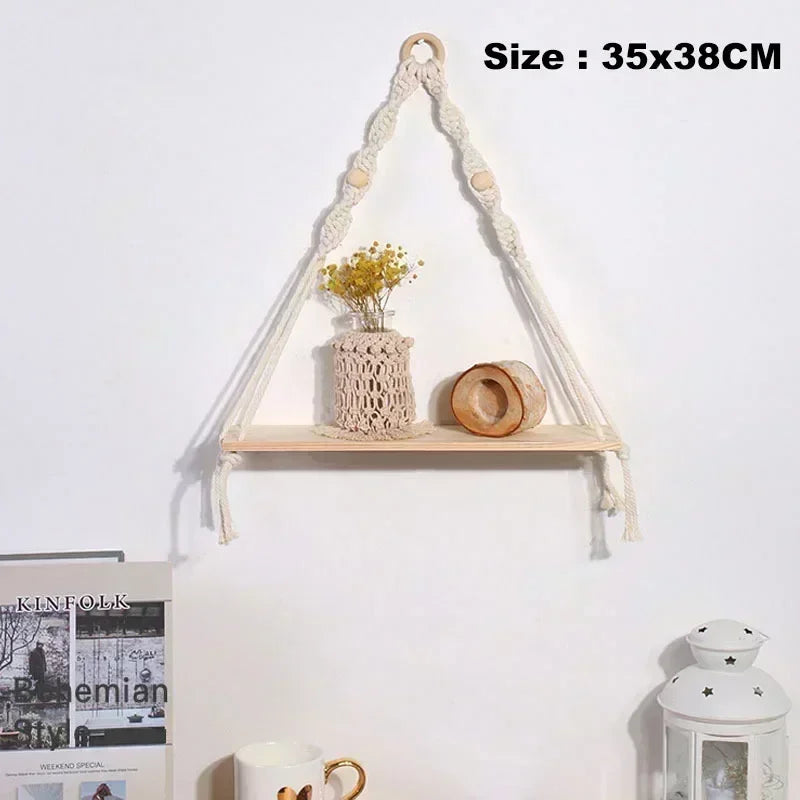 Wooden Rope Swing Wall Hanging Plant Flower Pot Tray Mounted Floating Wall Shelves Nordic Home Decoration Mored Simple Design