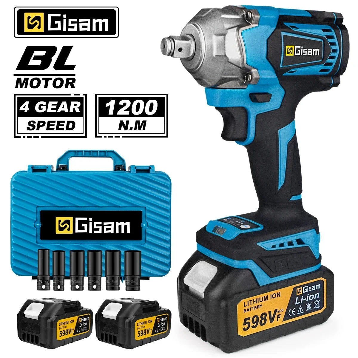 Gisam 1200NM Brushless Electric Impact Wrench 1/2 inch High Torque Cordless Electric Wrench Power Tools For Makita 18V Battery