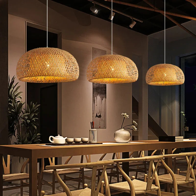 Bamboo Pendant Lamp E27 Hand Knitted Chinese Style Weaving Hanging Lamps 30cm Restaurant Home Decor Lighting Fixtures Cloud Ring