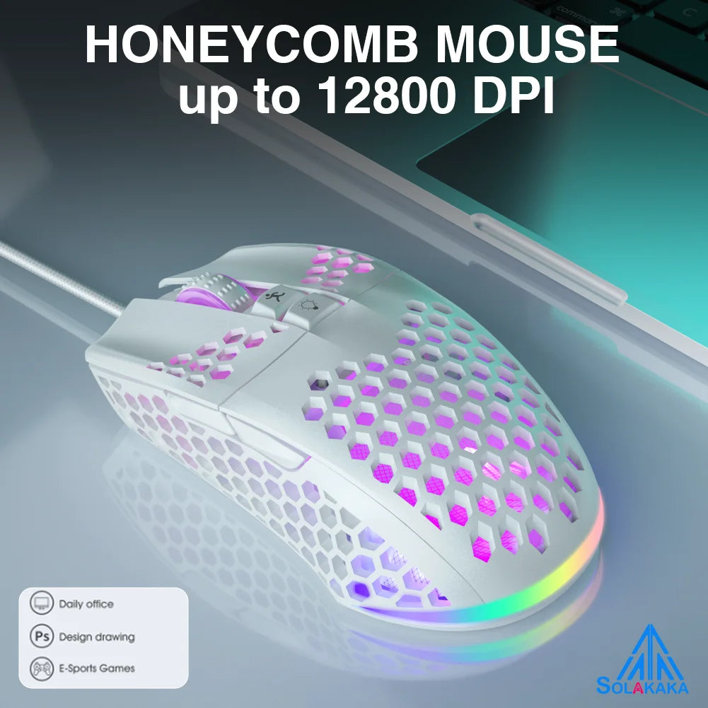 SOLAKAKA SM900 Wired Gaming Mouse with Honeycomb Shell 12800DPI 7 Programmable Buttons Custom Macro Ergonomic Computer Mouse