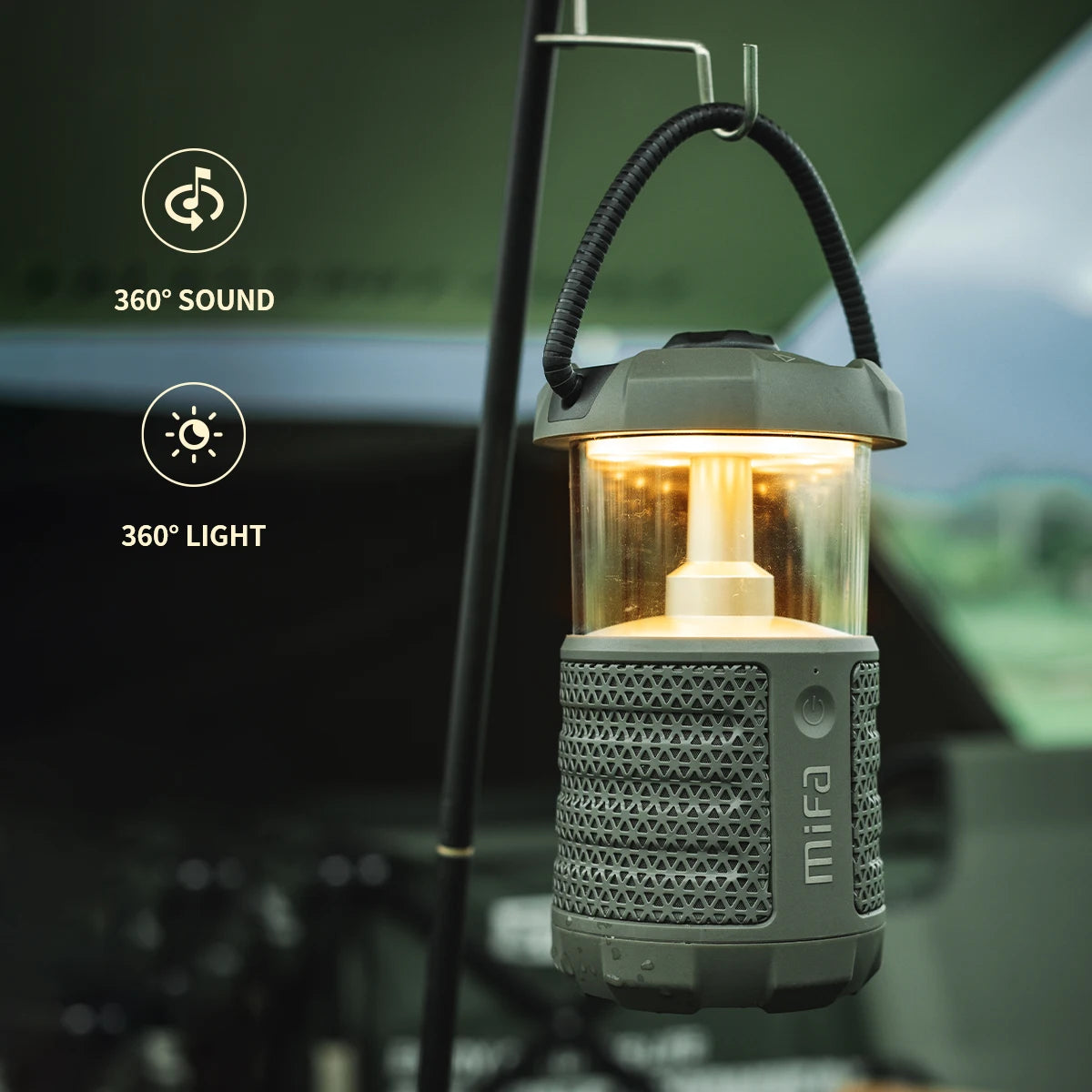 Mifa Wild Camping Outdoor Bluetooth 5.3 Speaker with Lantern, Powerful 360° Sound, 360° Light, IP67 Waterproof, 38H Playtime