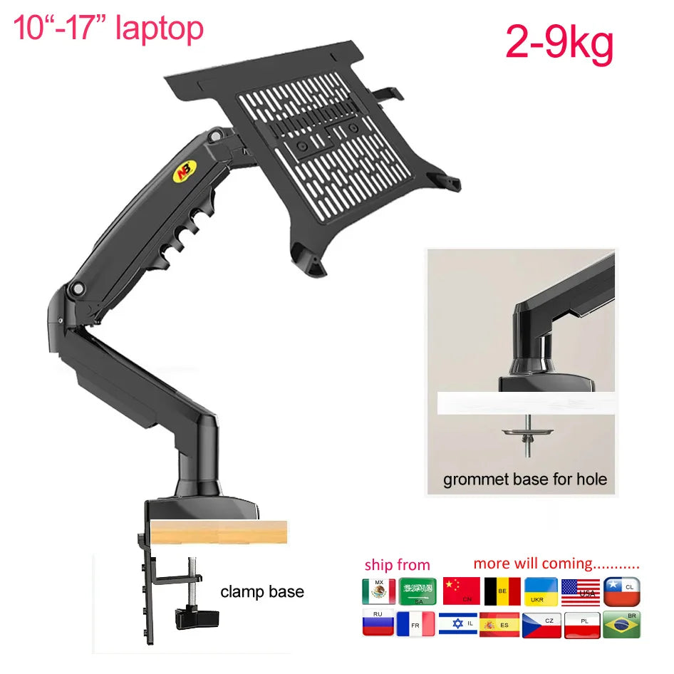 NB F80 + FP-2 full motion 360 rotate pivot 2-9kg gas spring arm 10"-17" laptop tray desktop stand clamp 10-90mm grommet hole