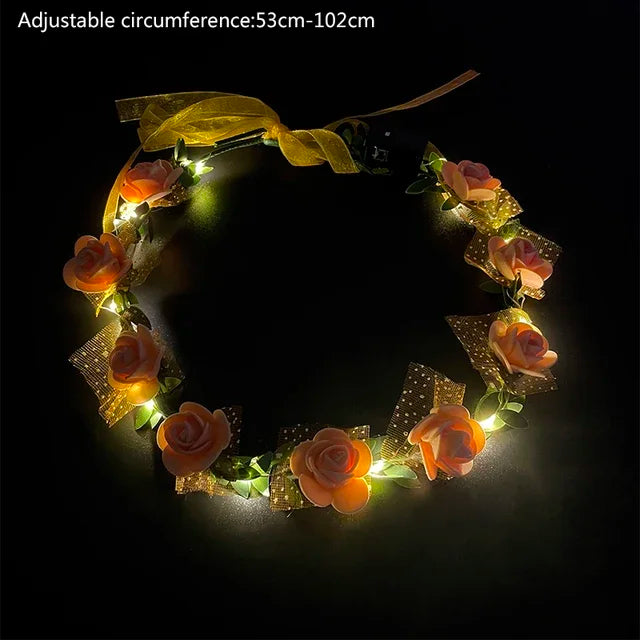 Luminous LED Rose Wreath with Ribbon Artificial Flower Crown Fashion Lighting Girls Women Hairband Birthday Wedding Decoration