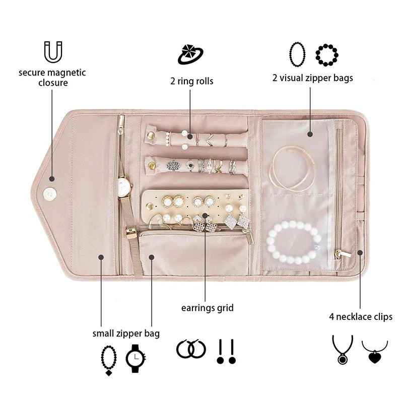 حقيبة مجوهرات قابلة للطي، حقيبة تخزين كبيرة الحجم لحمل المجوهرات أثناء السفر للسيدات، حقيبة عرض القلائد والأقراط والخواتم