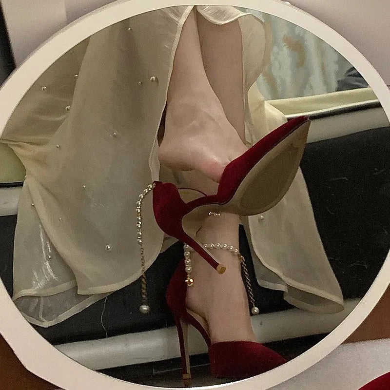 Women's Shoes Metal Buckle Strap Sexy Pointed Toe Fine High Heel Women's Shoes Wedding Shoes Bridal Bridesmaid Shoes Red Heels